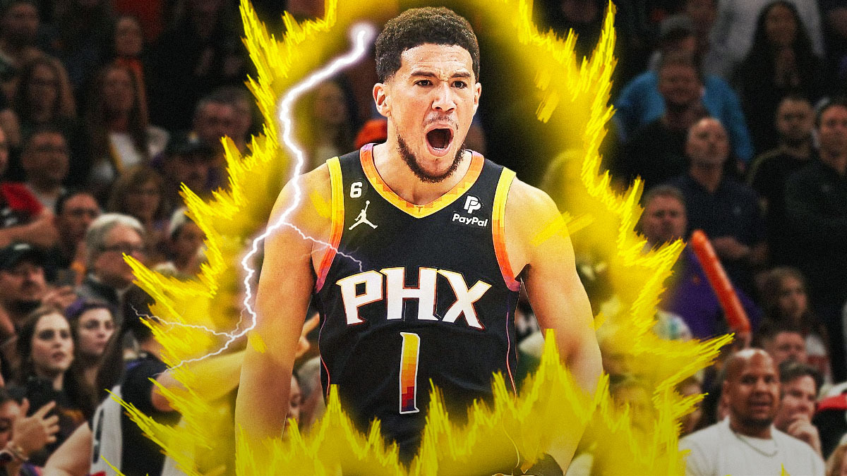 Devin Booker with a Super Saiyan glow around him, with the Suns home arena in the background.