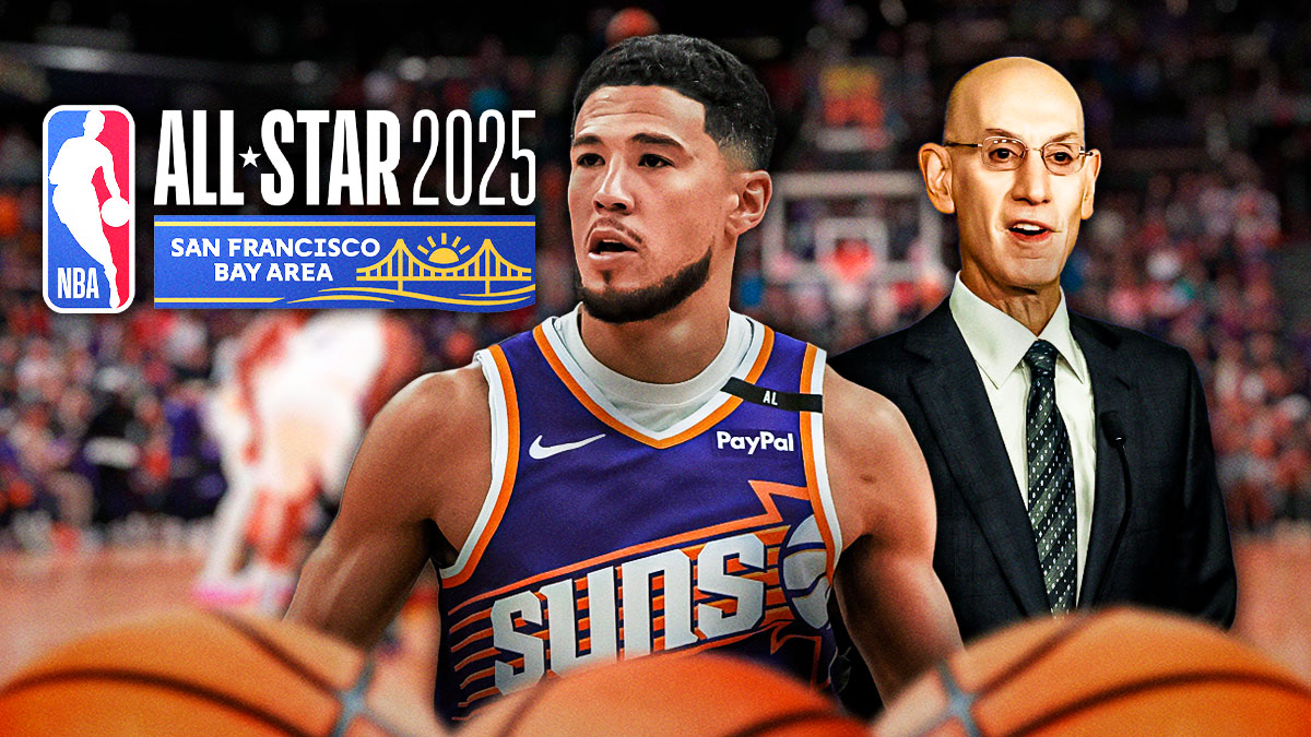 Devin Booker in a Suns jersey with the NBA 2025 All-Star Logo in the background, as well as NBA commissioner Adam Silver standing next to him.