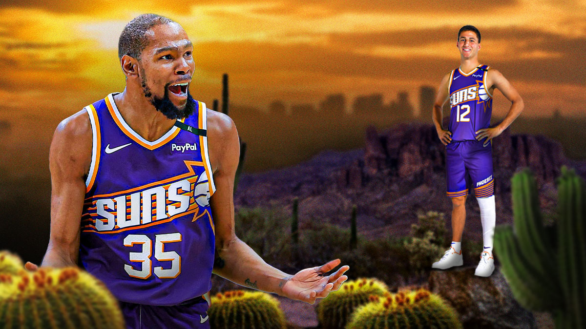 Kevin Durant looking hyped in a Suns jersey, with Collin Gillespie in a Suns jersey, standing on top of a rock.