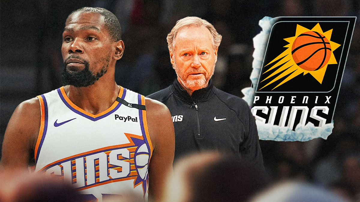 Kevin Durant and Mike Budenholzer with ice around the Phoenix Suns logo