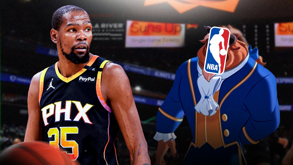 Kevin Durant looking at the animated "Beast" from "The Beauty and the Beast" which has the NBA logo on it, and a background of the Suns home arena.