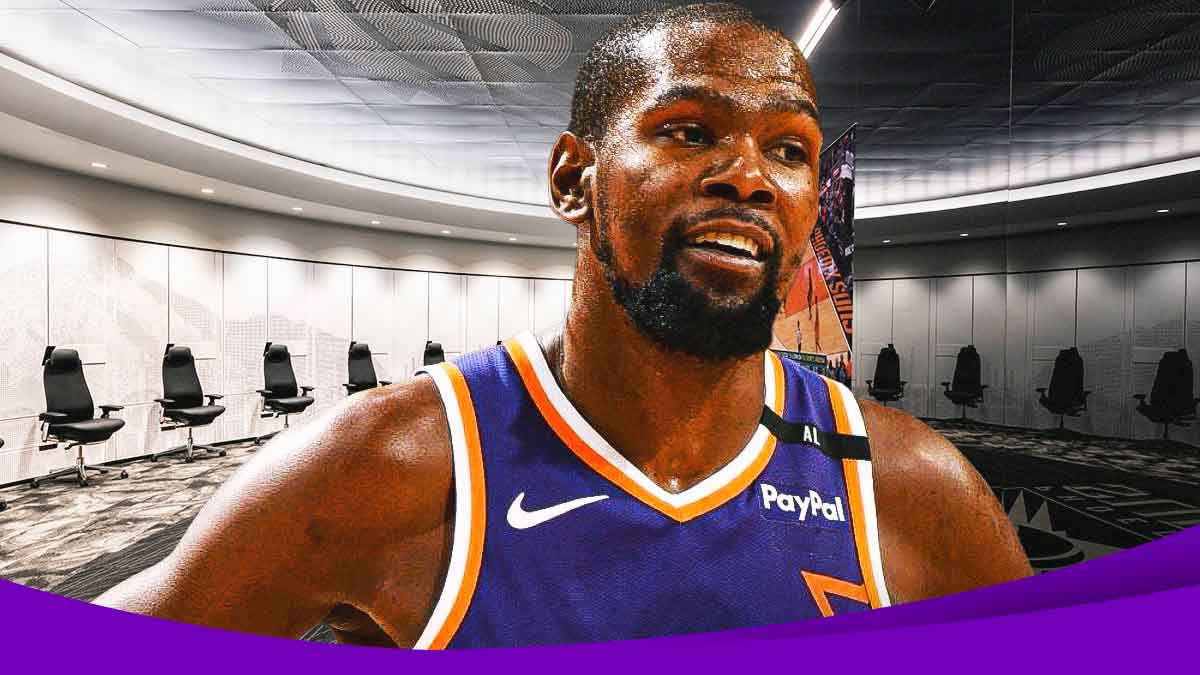 Kevin Durant smiling with a background of the 2024-25 Phoenix Suns locker room.