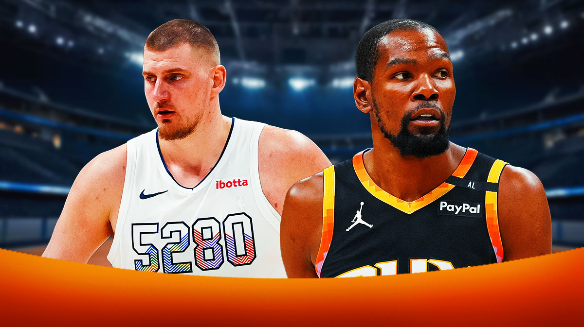 Phoenix Suns star Kevin Durant and Nikola Jokic in front of Footprint Center.