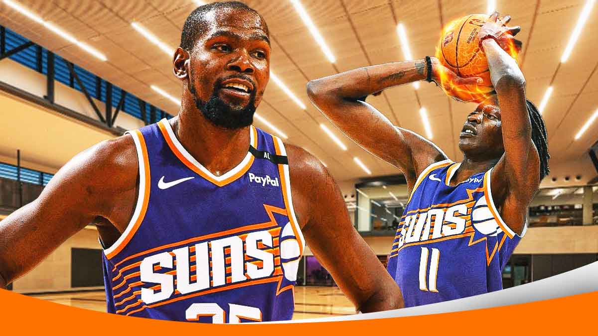 Kevin Durant smiling with Bol Bol shooting a ball of fire, with the Suns practice facility as the background.