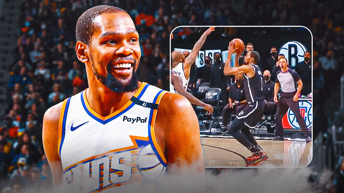 Suns' Kevin Durant smiling, with the picture attached below beside him