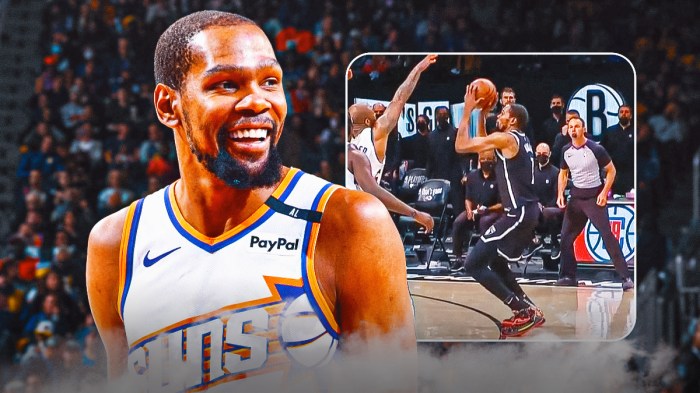 Suns' Kevin Durant smiling, with the picture attached below beside him