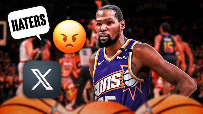 Suns All-Star Kevin Durant with an angry face screaming Haters with a message box and the X, formerly Twitter logo in the background