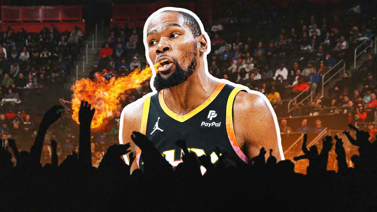 Kevin Durant breathing fire, and silhouettes of Suns fans below him, and a background of the Suns arena.