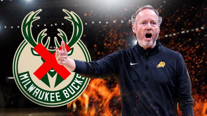 Suns head coach Mike Budenholzer with fire around him and the Milwaukee Bucks logo next to him, with a red X going through it.