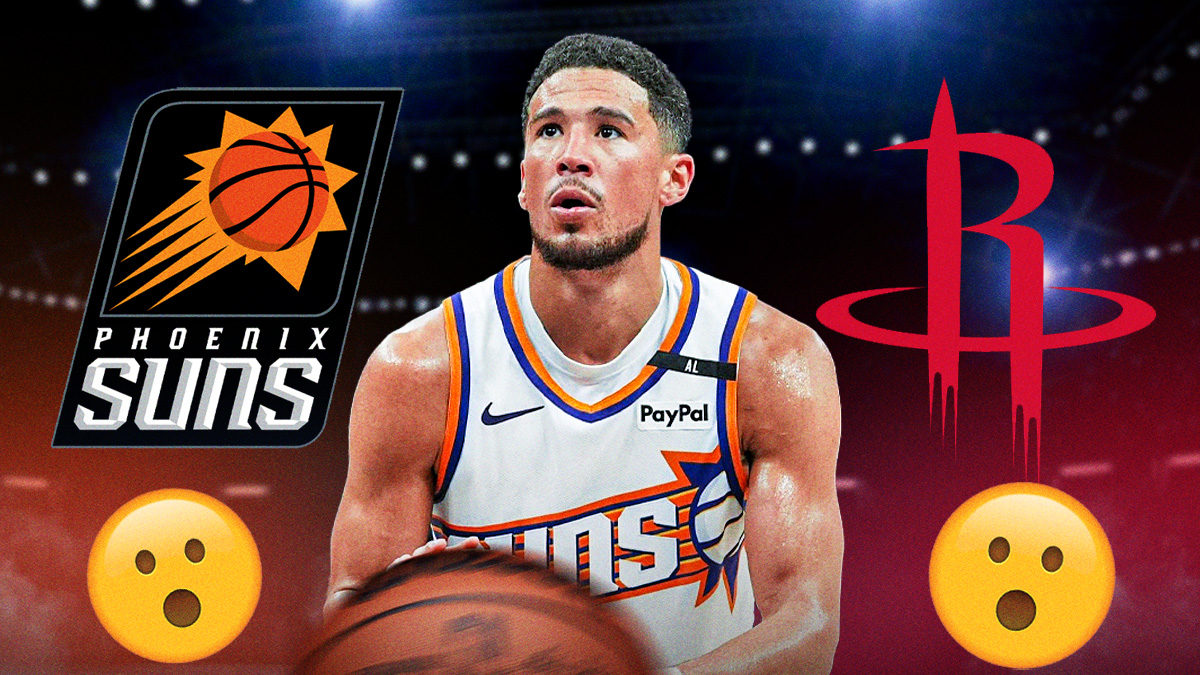 Devin Booker, Phoenix Suns and Houston Rockets logos, shocked symbols