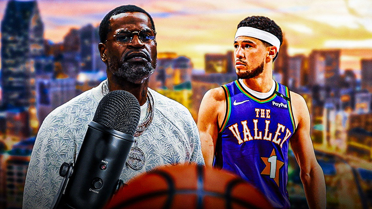 Stephen Jackson with a podcast microphone in front of him, and Devin Booker with a background of downtown Detroit.
