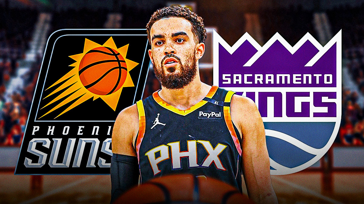 Suns guard Tyus Jones next to the Kings logo with the Suns logo in the background