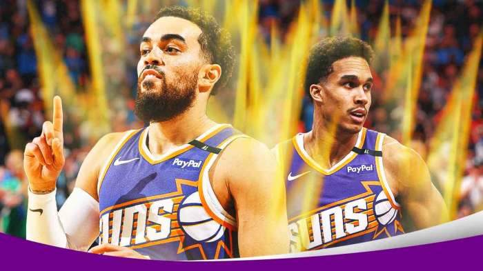 Suns guard Tyus Jones and rookie Oso Ighodaro looking hyped, and having a Super Saiyan glow from Dragon Ball Z around both players. There is also a background of PHX arena behind them.