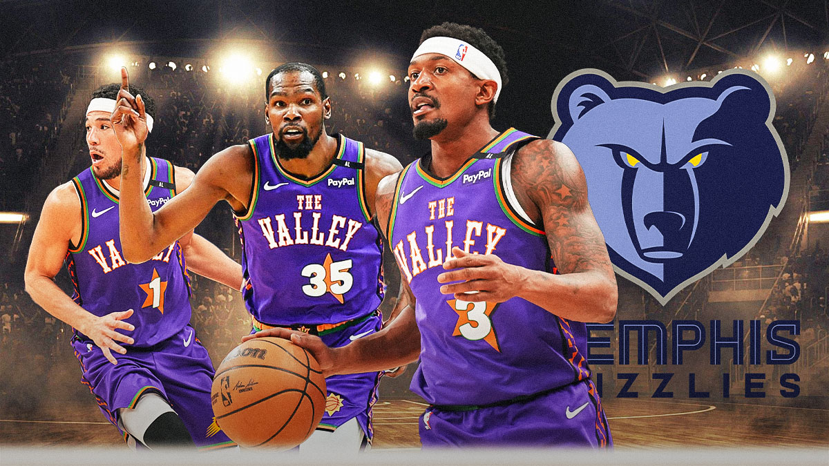 Bradley Beal in a Suns jersey looking hyped, and the Grizzlies logo next to him, along with Kevin Durant and Devin Booker next to him.
