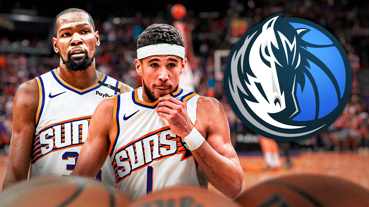 Suns guard Devin Booker and forward Kevin Durant looking serious, with the Mavericks logo next to them.