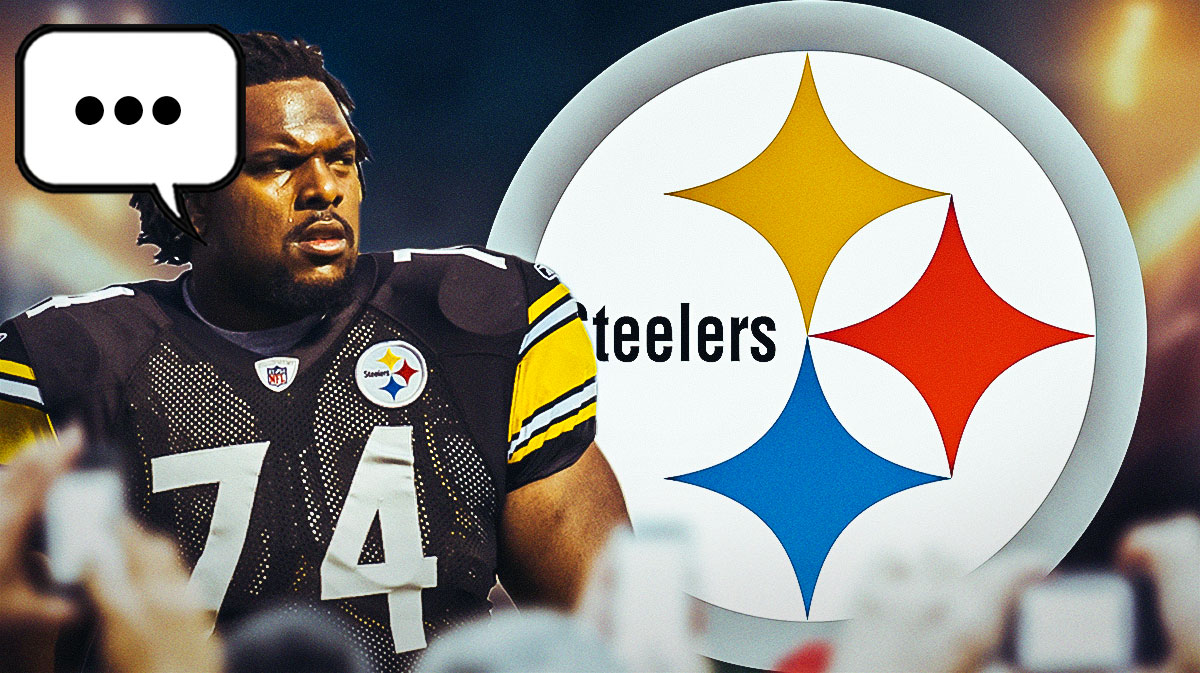 Former Steelers guard Willie Colon with a speech bubble that has the three dots emoji inside. There is also a logo for the Pittsburgh Steelers.