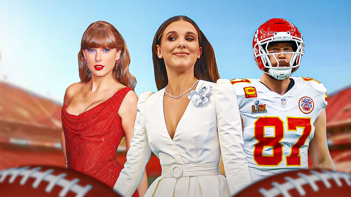 Millie Bobby Brown in between Taylor Swift and Travis Kelce.