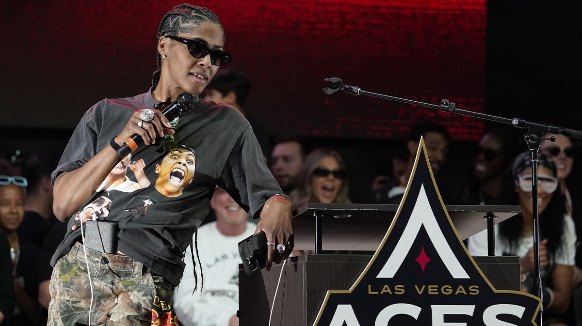 Las Vegas Aces guard Sydney Colson (51) speaks during the Las Vegas Aces championship parade at Toshiba Plaza.