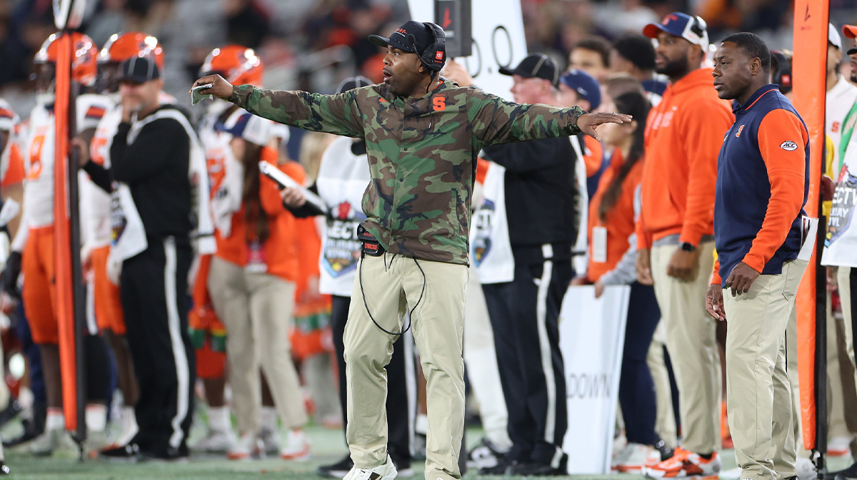 Syracuse Orange head coach Fran Brown looks on at the play vs Washington State Cougars during the second half at Snapdragon Stadium. Mandatory Credit: Abe Arredondo-Imagn Images