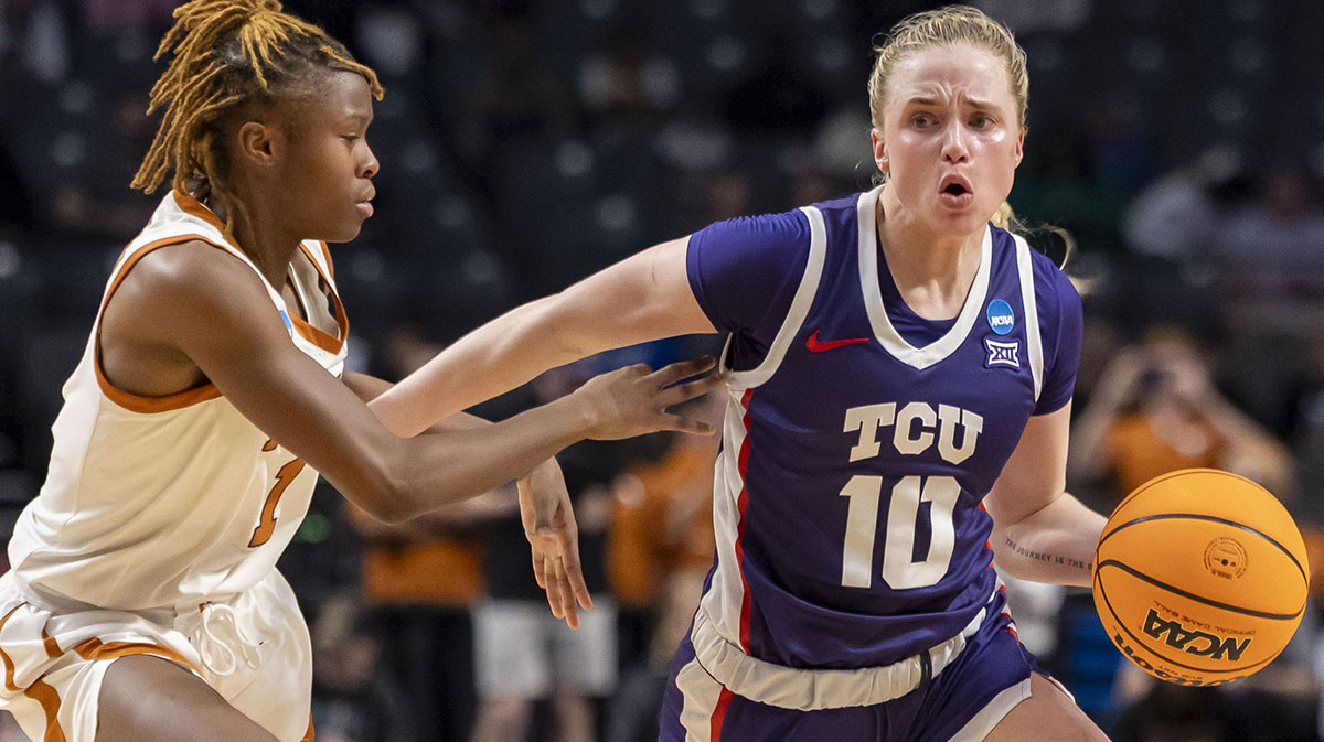 TCU Horned Frogs guard Hailey Van Lith (10) works against Texas Longhorns guard Bryanna Preston (1) during the second half of an Elite 8 NCAA Tournament basketball game at Legacy Arena.