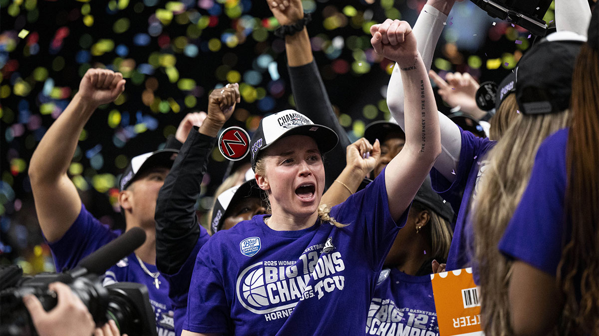 TCU women's basketball guard Hailey Van Lith (10) celebrates after defeating the Baylor Lady Bears at T-Mobile Center.