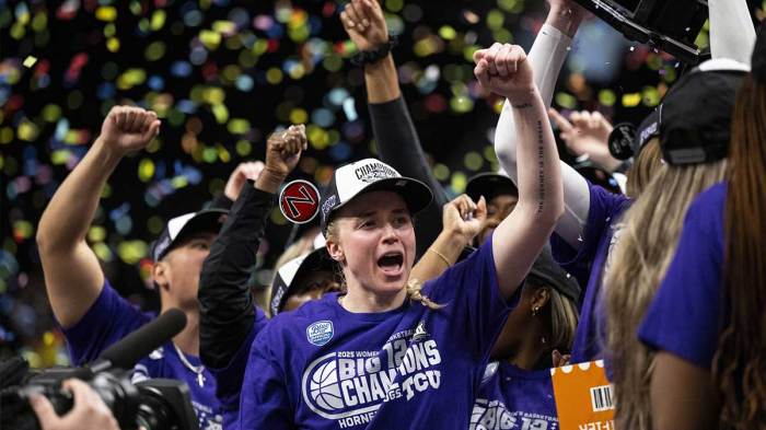 TCU Horned Frogs guard Hailey Van Lith (10) celebrates after defeating the Baylor Lady Bears.