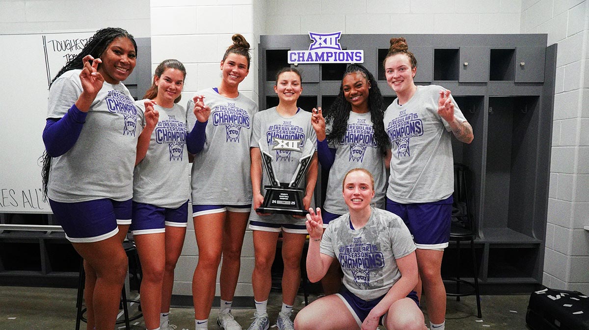 The TCU Horned Frogs pose with the 2025 Big 12 Women’s Basketball Championship trophy in their locker room