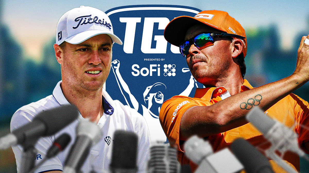 Justin Thomas on right. Rickie Fowler on Left. TGL logo in middle