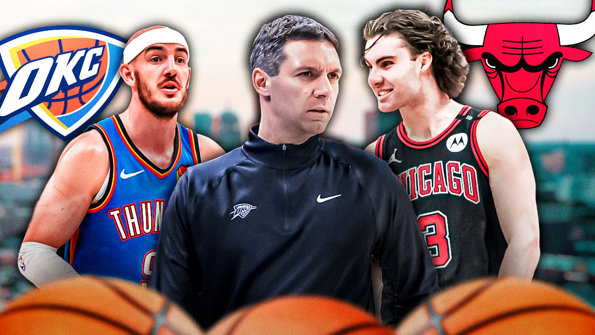 Thunder head coach Mark Daigneault in between Thunder guard Alex Caruso and Bulls guard Josh Giddey with the Thunder and Bulls logos and the Oklahoma City skyline in the background