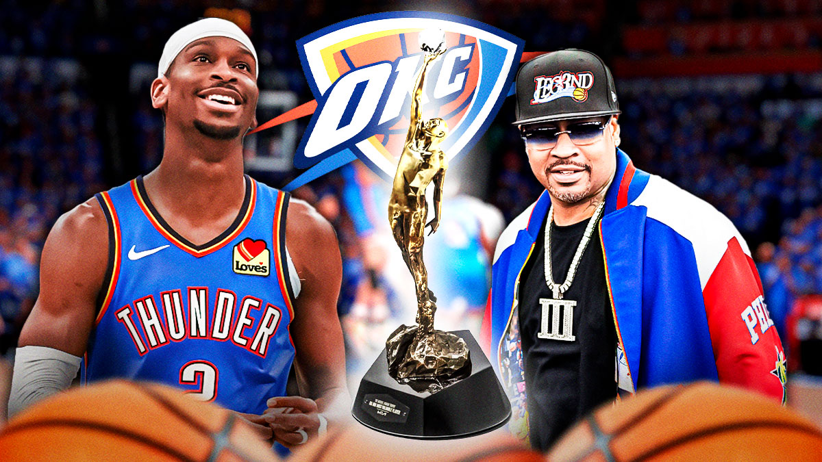 Thunder All-Star Shai Gilgeous-Alexander next to Hall of Fame guard Allen Iverson with the MVP trophy and Thunder logo in the background