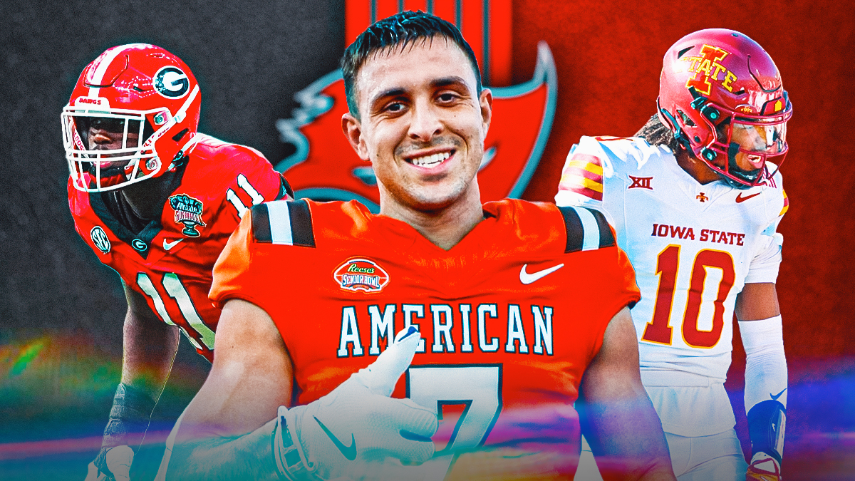 Jalon Walker, Darien Porter, Jack Bech beside each other, Tampa Bay Buccaneers wallpaper in the background