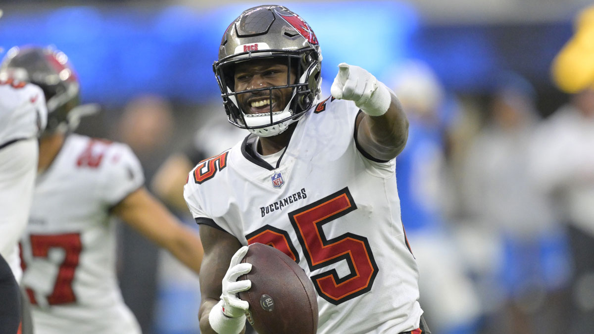 Tampa Bay Buccaneers cornerback Jamel Dean (35) celebrates after a fumble recovery in the second half against the Los Angeles Chargers at SoFi Stadium.