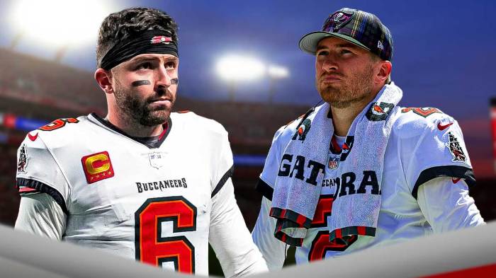 Baker Mayfield in a Tampa Bay Buccaneers uniform with Kyle Trask in a Buccaneers uniform as trask will return in free agency.