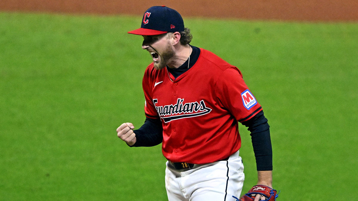 Cleveland Guardians pitcher Tanner Bibee (28) celebrates after a double play during the sixth inning against the New York Yankees during game five of the ALCS for the 2024 MLB playoffs at Progressive Field.