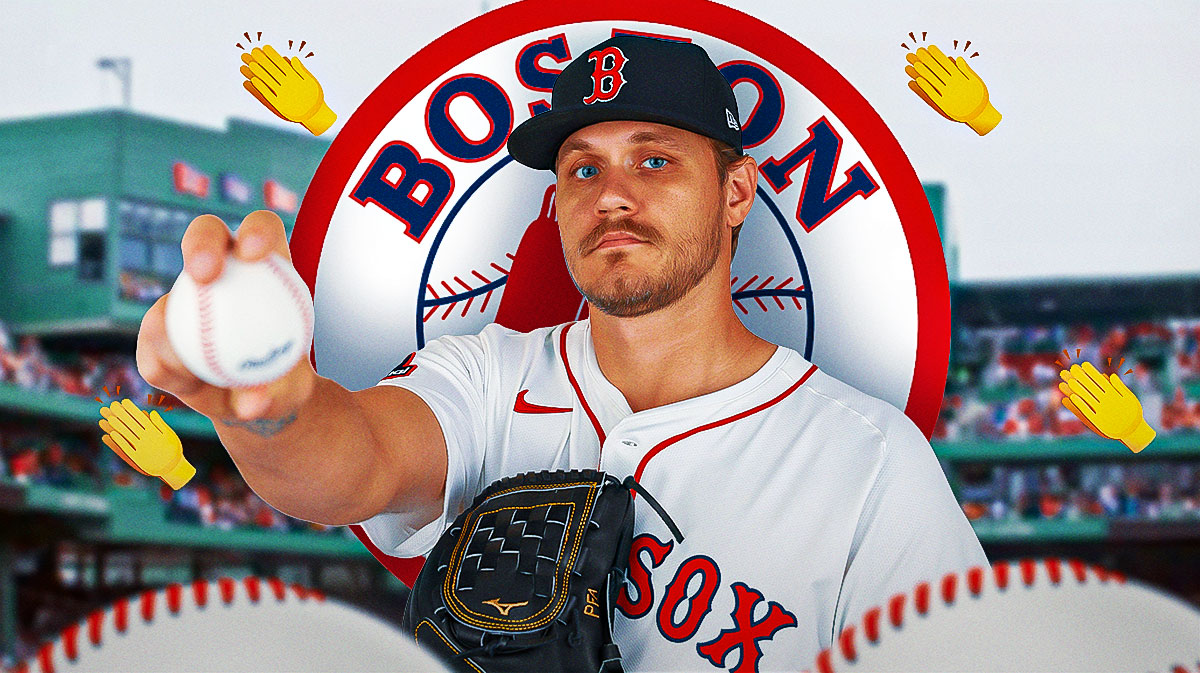 Red Sox pitcher Tanner Houck with the shocked emoji all around him, and the Red Sox logo in the background.