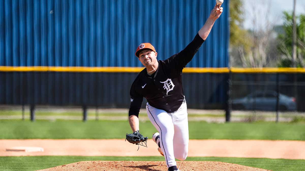 Detroit Tigers pitcher Tarik Skubal throws at batting practice during spring training at TigerTown in Lakeland, Fla. on Friday, Feb. 21, 2025.