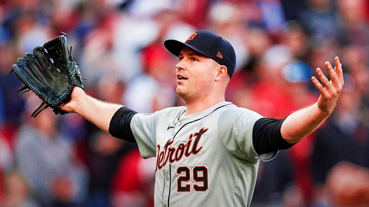 Detroit Tigers pitcher Tarik Skubal (29) celebrates after a double play against Cleveland Guardians in the sixth inning of Game 2 of ALDS at Progressive Field in Cleveland, Ohio on Monday, Oct. 7, 2024.