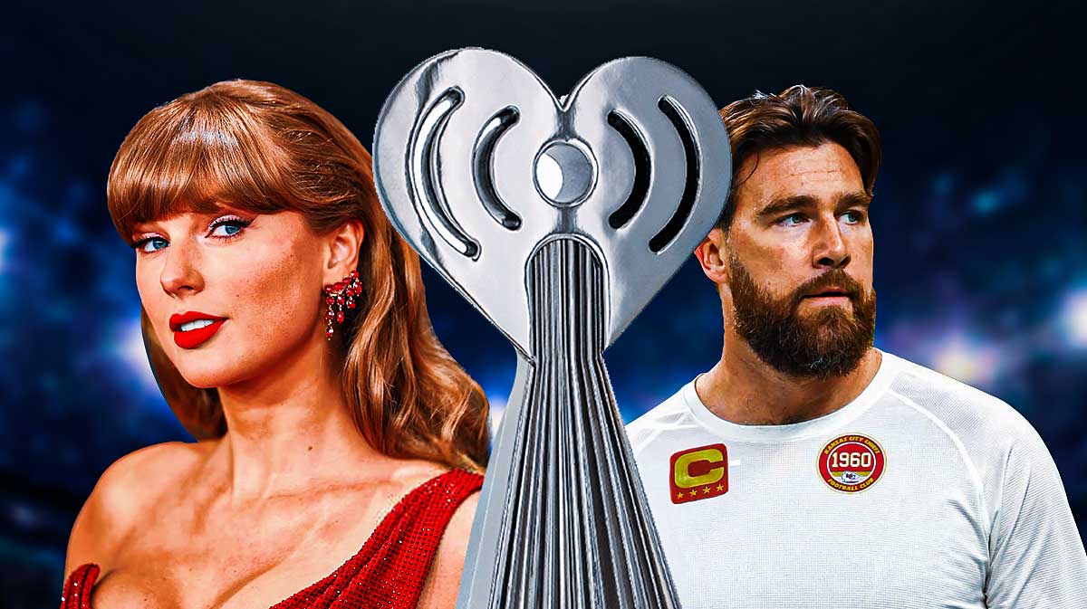 Taylor Swift next to Travis Kelce, who joined her on stage during the Eras Tour, with iHeart Radio Music Awards trophy.