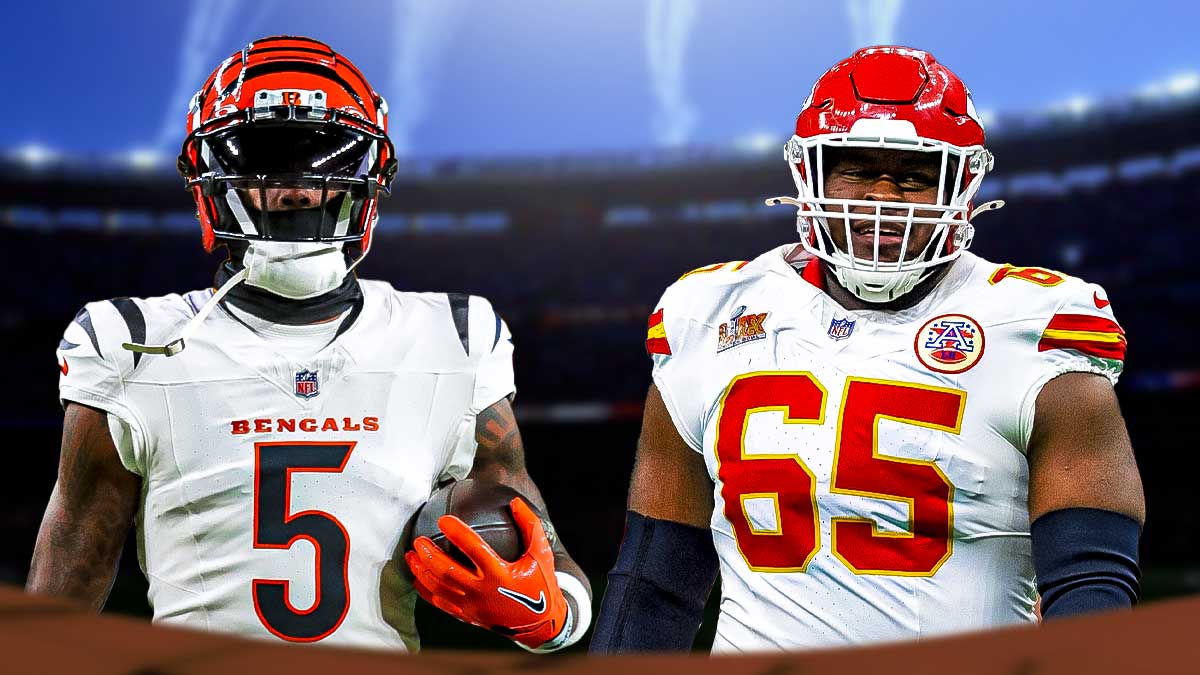 Tee Higgins in a Cincinnati Bengals uniform and Trey Smith in a Kansas City Chiefs uniform franchise tags free agency bengals