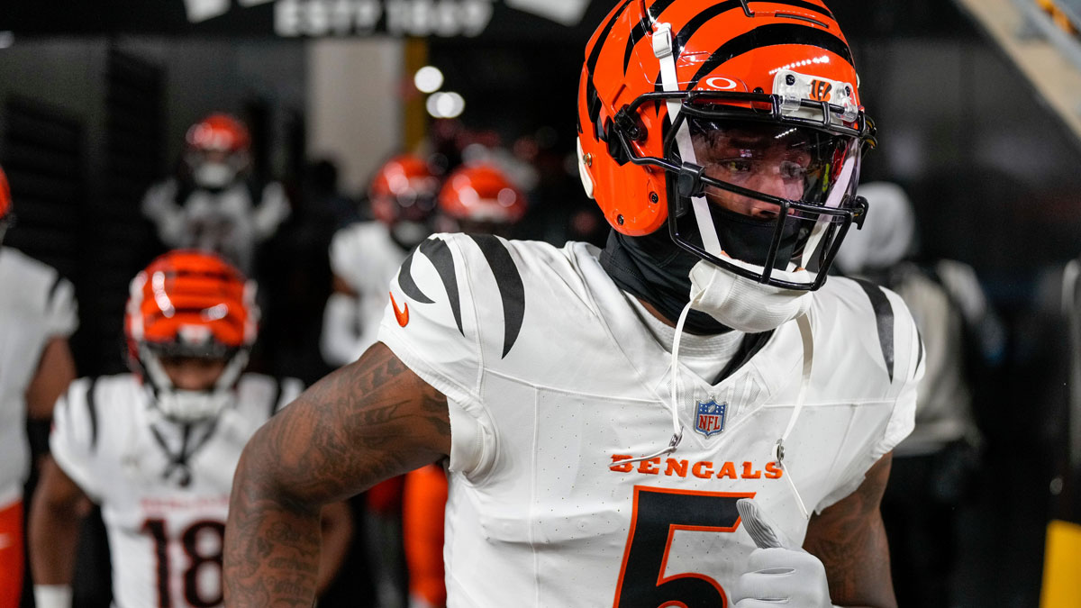 Cincinnati Bengals wide receiver Tee Higgins (5) takes the field for the first quarter of the NFL Week 18 game between the Pittsburgh Steelers and the Cincinnati Bengals at Acrisure Stadium in Pittsburgh on Saturday, Jan. 4, 2025.