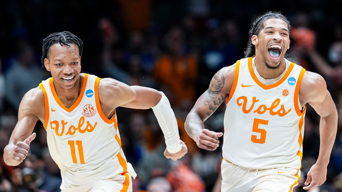 Tennessee Volunteers guard Jordan Gainey (11) and Tennessee Volunteers guard Zakai Zeigler (5) celebrate Friday, March 28, 2025, during the NCAA Tournament Sweet 16 game at Lucas Oil Stadium in Indianapolis.
