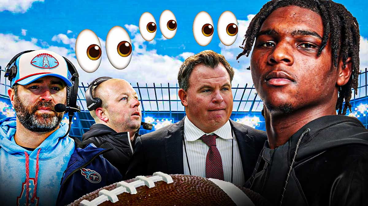 Titans' coaches Brian Callahan and Nick Holz and GM Mike Borgonzi all with emoji eyes looking at Cam Ward