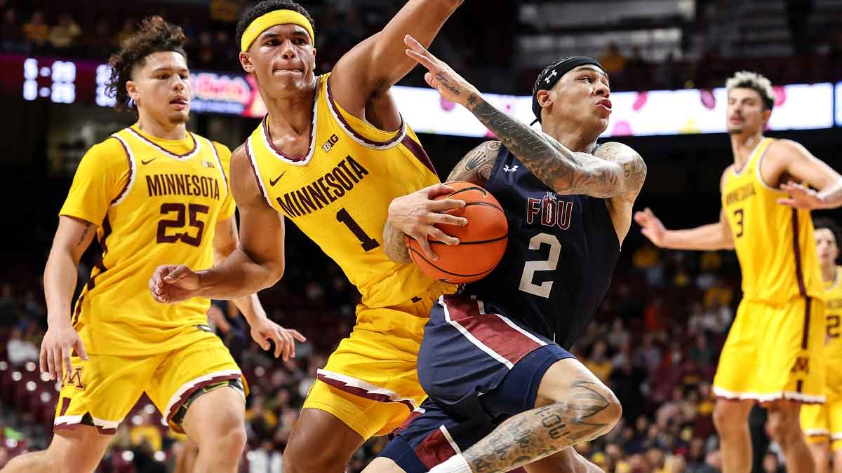 Fairleigh Dickinson Knights guard Terrence Brown (2) works around Minnesota Golden Gophers guard Isaac Asuma (1) during the second half at Williams Arena.