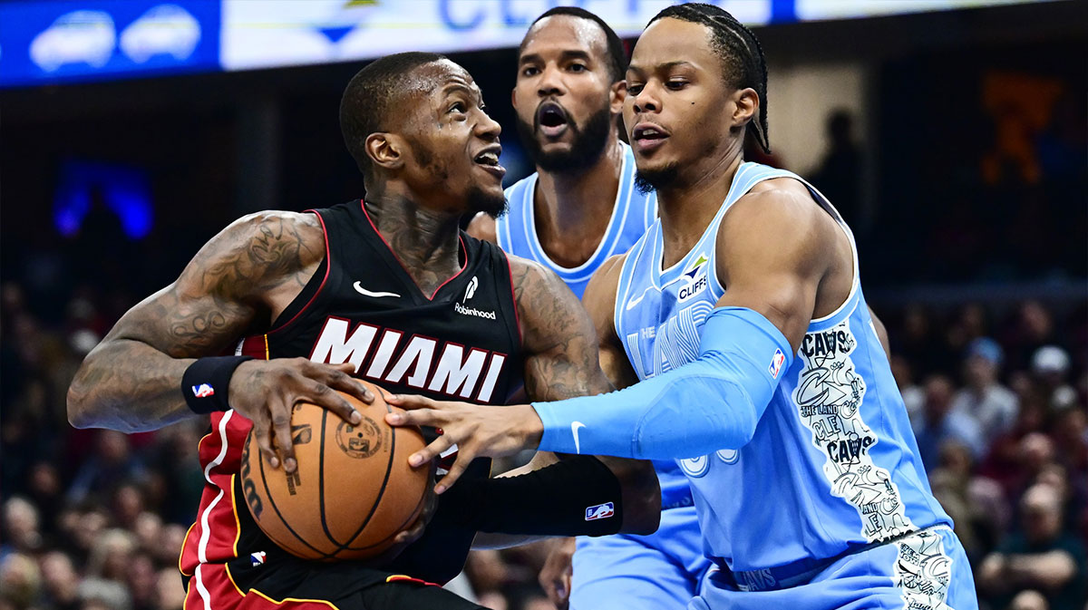 Miami Heat guard Terry Rozier (2) drives to the basket against Cleveland Cavaliers forward Isaac Okoro (35) during the first half at Rocket Arena.