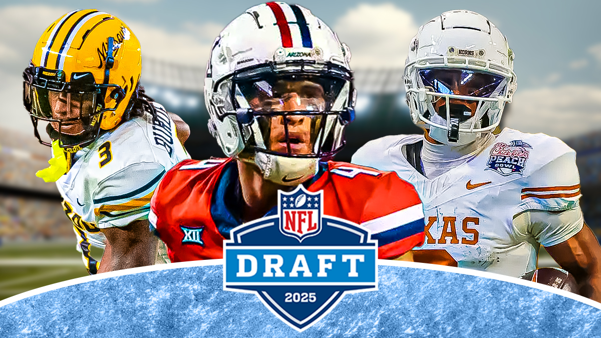 Tetairoa McMillan with Luther Burden III on his left and Matthew Golden on his right in front of the 2025 NFL Draft logo.