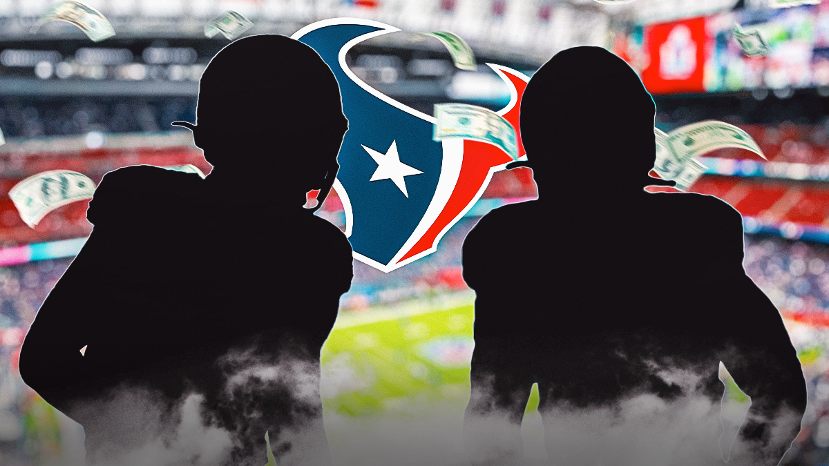 Texans logo behind SILHOUETTES of free agent WR Justin Watson and DE Darrell Taylor. Money falling from sky. Background is NRG Stadium.