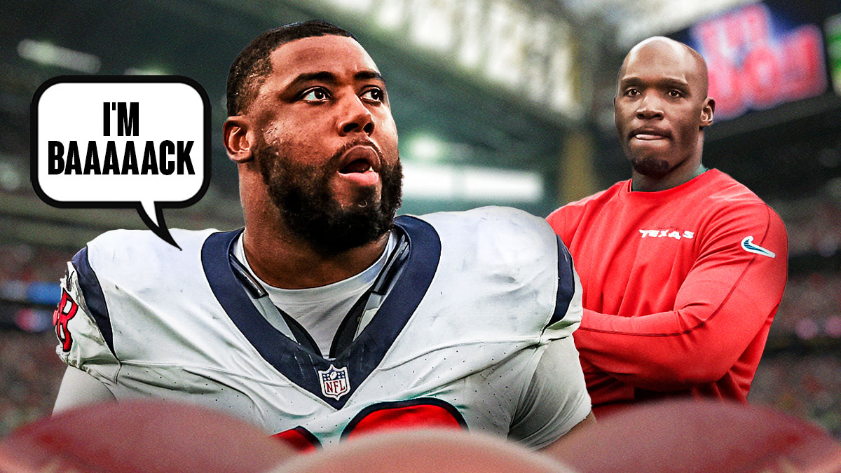 Sheldon Rankins (in a Texans uniform) saying "I'm baaaaack". Texans head coach Demeco Ryans next to him smiling.