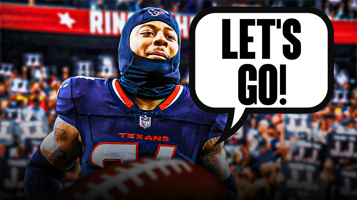 Derek Stingley Jr. on one side, a bunch of Houston Texans fans on the other side with a speech bubble that says "Let's go!"