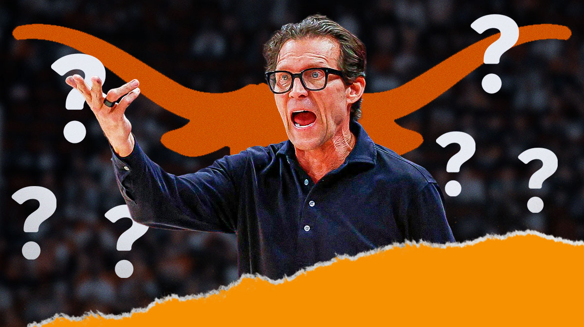 Quin Snyder next to a Texas Longhorns logo with question marks around the picture.