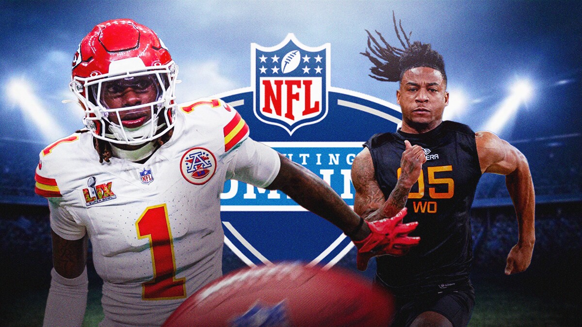 Xavier Worthy next to Isaiah Bond in front of the NFL Combine logo.